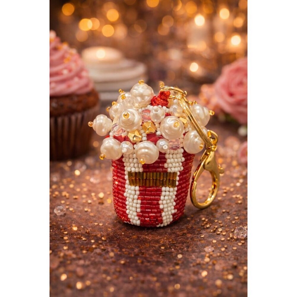 New Beaded Movie Popcorn Wine Bag Charm Key Chain Mother Day Birthday Gift